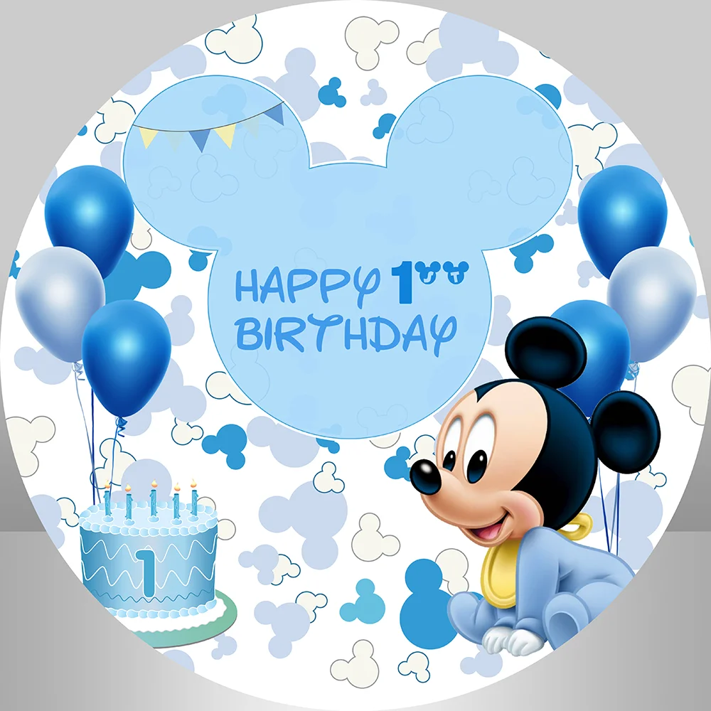 Baby Mickey Mouse Round Backdrop Cover for Boy Baby Shower Decoration Blue Balloons Mickey Happy 1st Birthday Circle Background