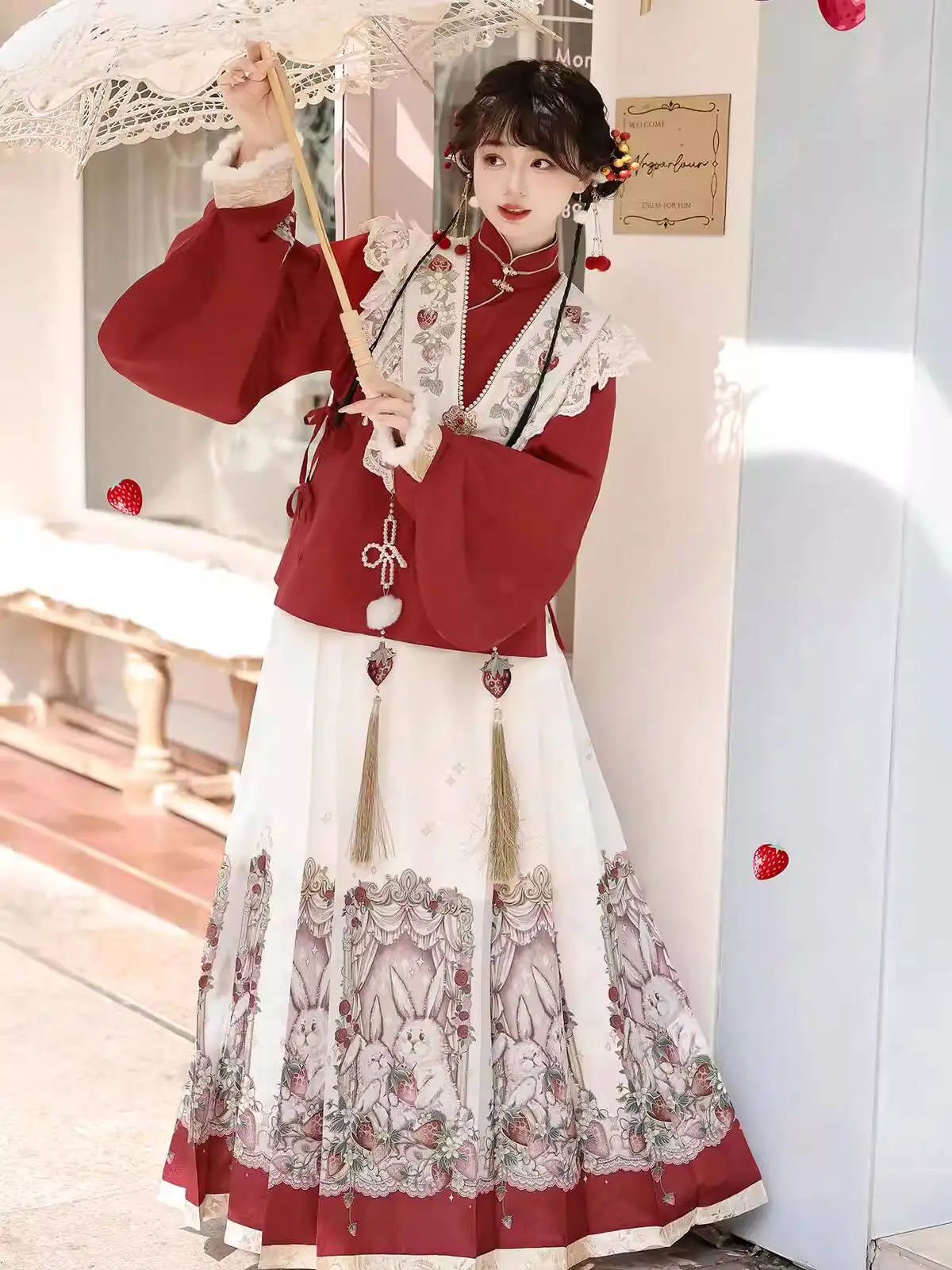 

Girl's Neverland Strawberry Bunny New Chinese Style Han-Yang Eclectic Pipa Sleeve Top and Skirt Set