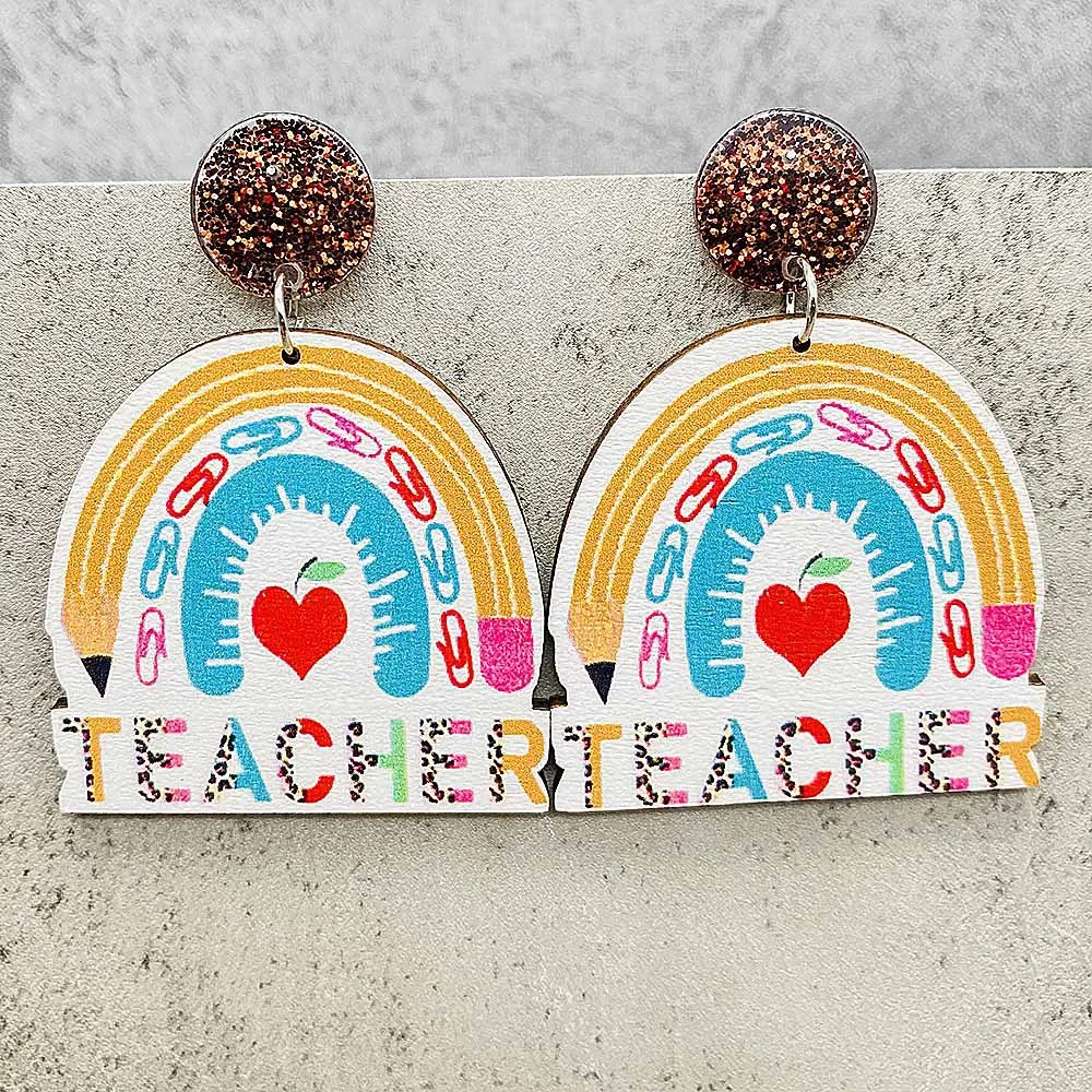 New Wooden Teacher Student Earrings Rainbow Apple Book Leopard Pattern Earrings for Women Jewelry Gifts