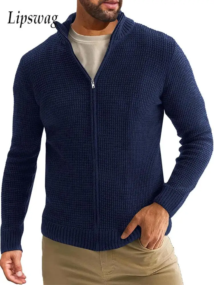 

Trendy Mens Slim Sweatercoats Autumn Winter Outdoor Casual Stand Collar Zip-up Knit Cardigan Mens Jacket Vintage Sweater Jackets