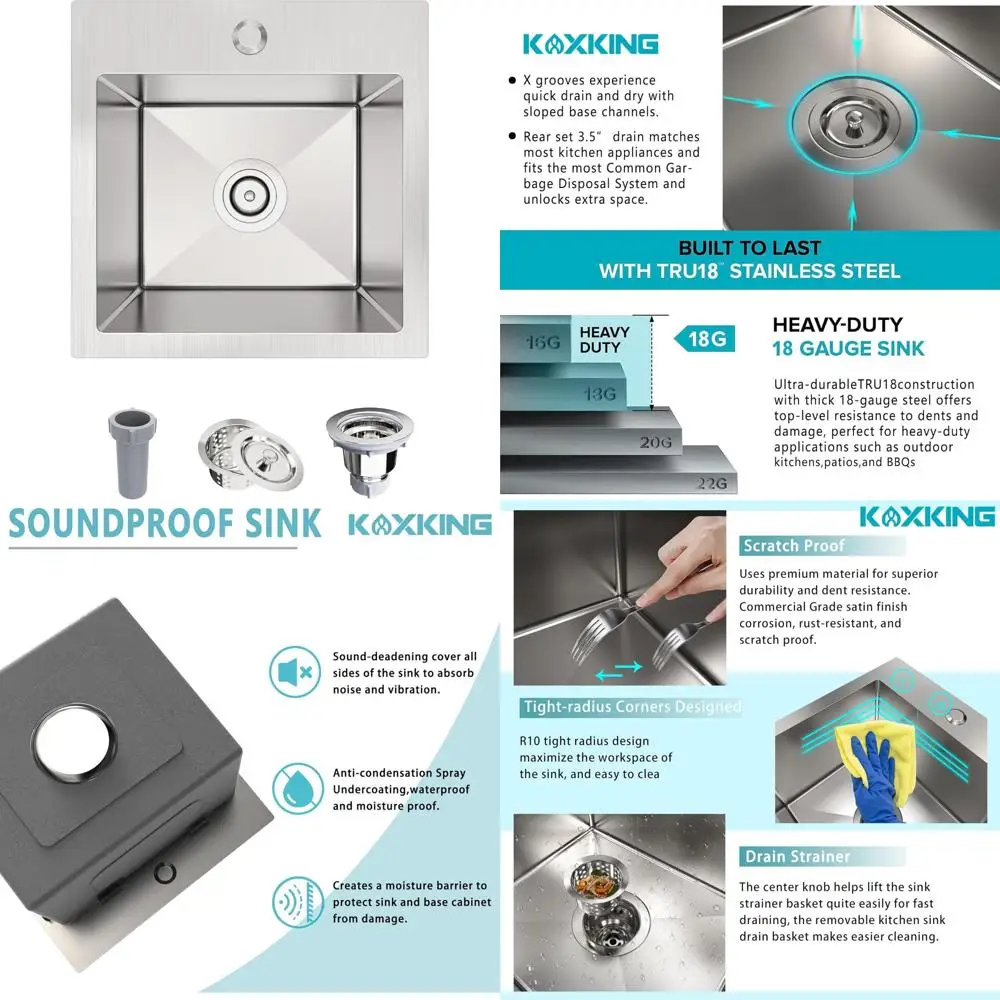 

Stainless Steel 15x15 Inch Topmount Bar Sink with Basket for RV, Laundry, and Office Use in Small Spaces