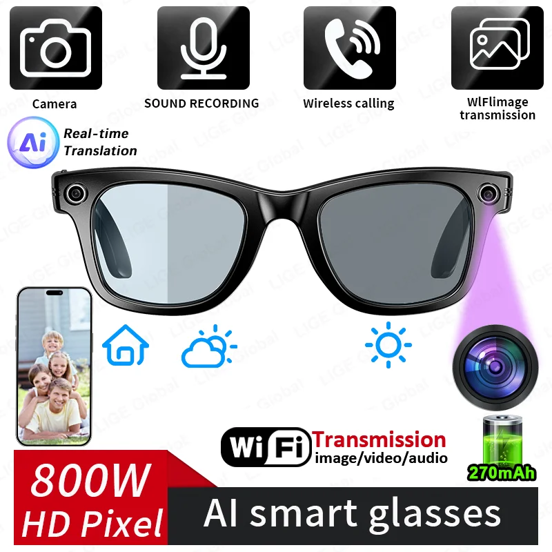 LIGE 2025 Fashion 8MP Camera AI Translation Sunglasses Video Recording Bluetooth Voice Call Music Smart Glasses Identify Picture