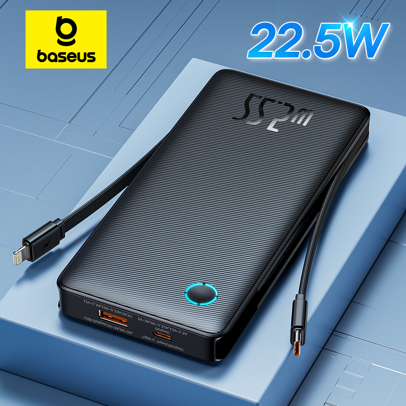 Baseus 22.5W Power Bank 10000mAh with Two Built-in Cables PD Fast Charging For iPhone 16 15 Pro Max, Charge 4 Devices at Once 