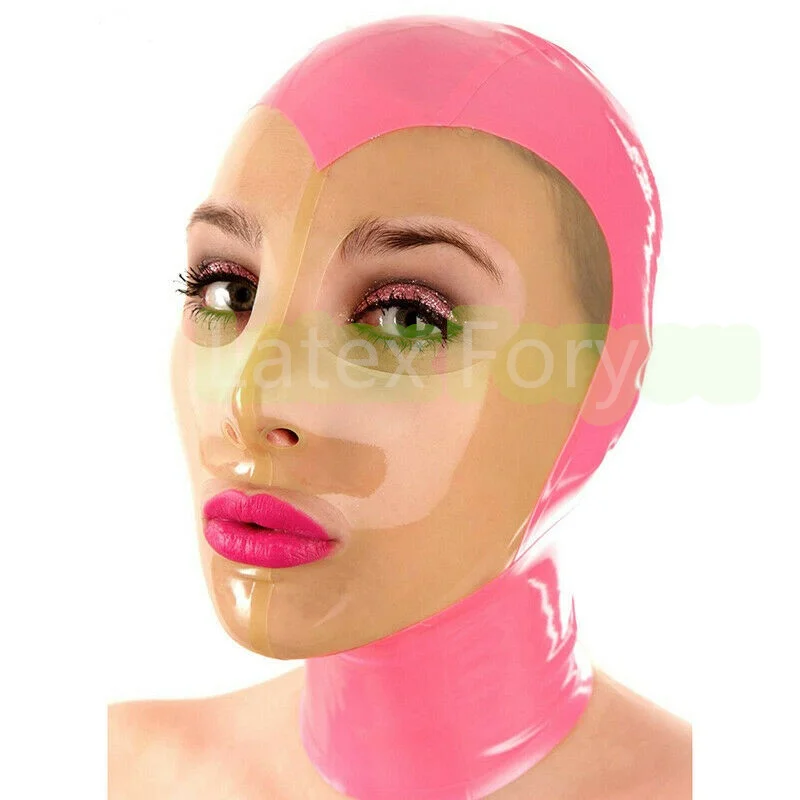 Máscara rosa sexy con capucha de látex transparente, máscara unisex de goma con boca y ojos abiertos, ropa para discoteca de Cosplay con cremallera trasera