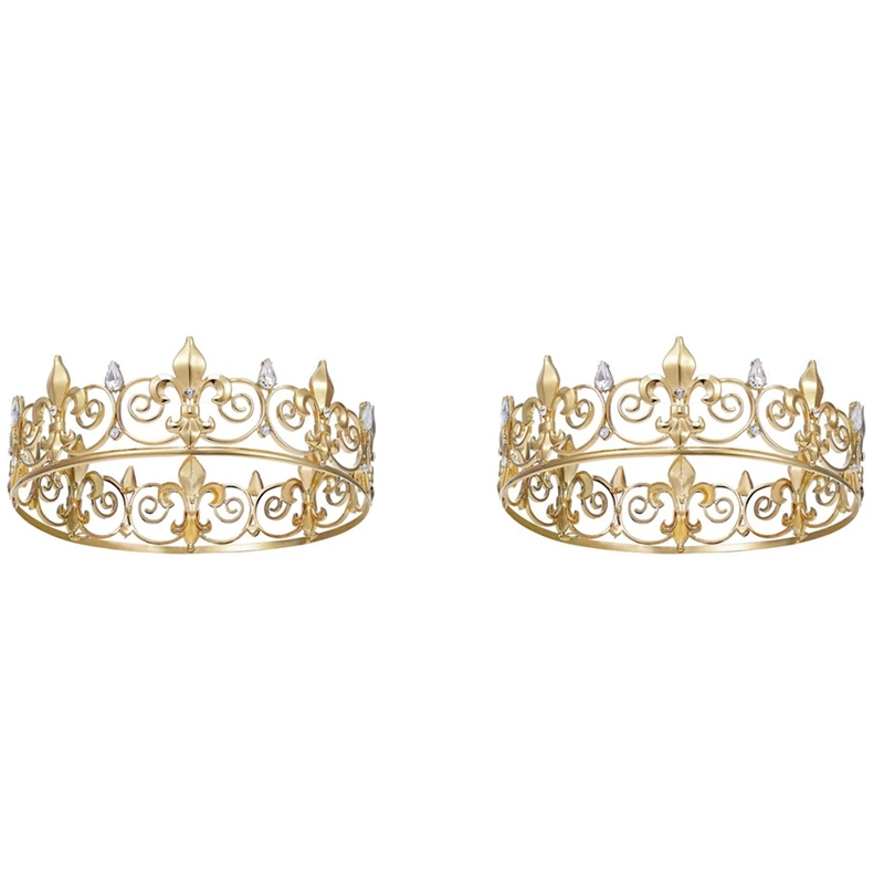 

2X Royal King Crown For Men - Metal Prince Crowns And Tiaras, Full Round Birthday Party Hats,Medieval Accessories (Gold)