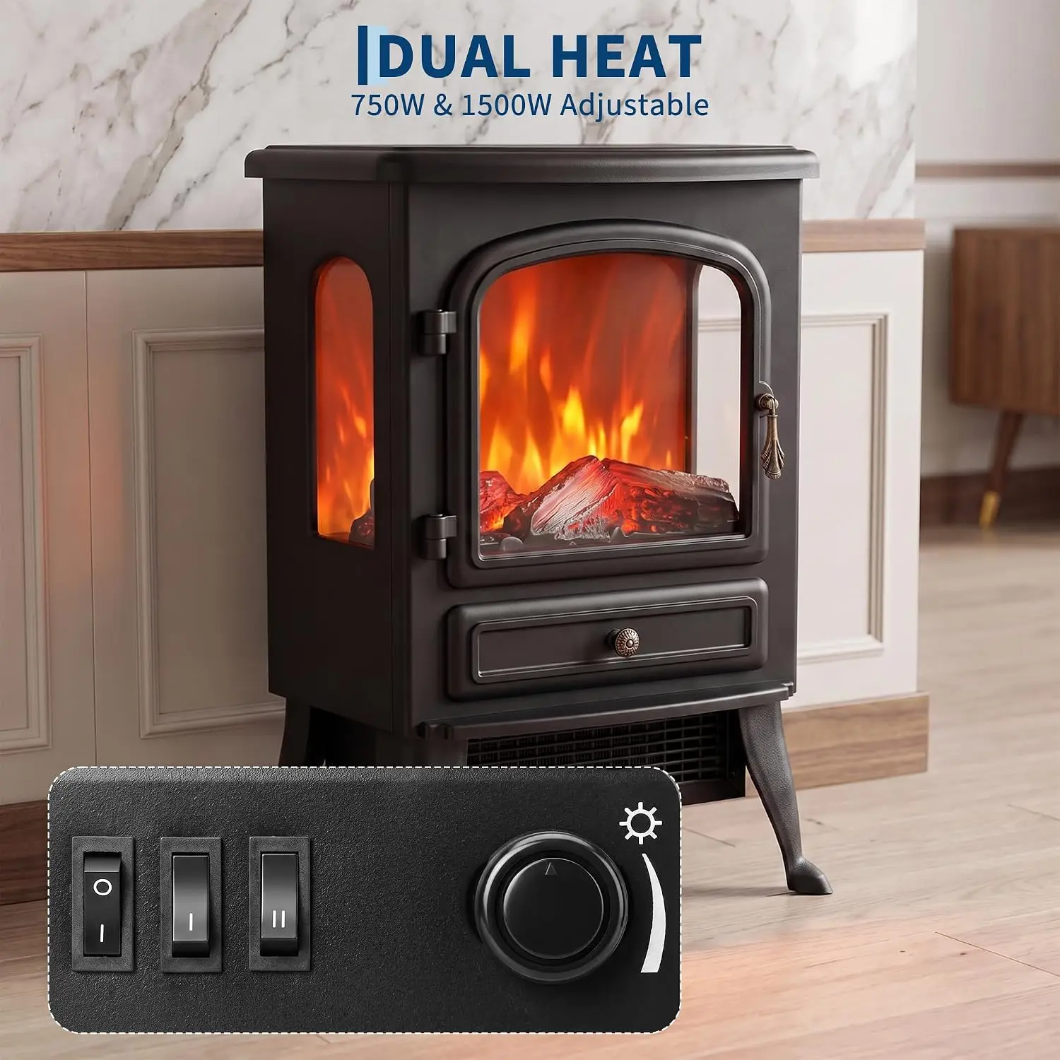 Freestanding Electric Fireplace with Three Sided Glass Adjustable Flame 750W and 1500W Heater Thermostat Black Indoor Space Heater for Living Room Bedroom and Office