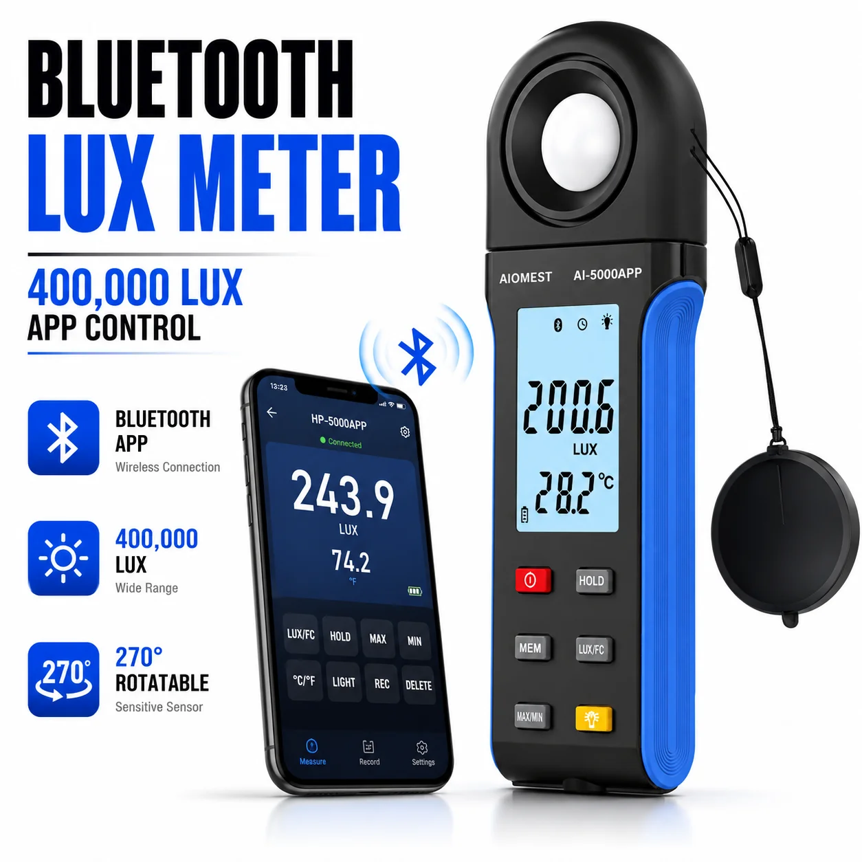 

Light Lux Meter with Bluetooth,Digital Lumen Tester 0.1 Lux, 1-400,000 Lux/FC Range, 270° Rotated Sensor, Luxometer for Indoor