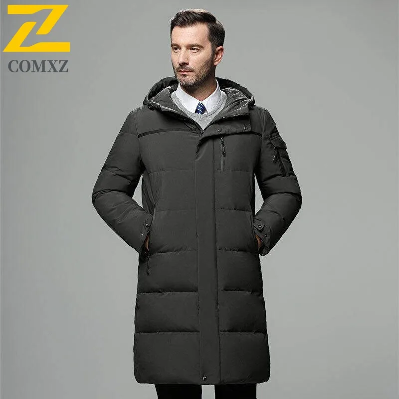 COMXZ الفاخرة الرجال أسفل السترات الأزياء مقنعين طوق العمل الدافئة أسفل معطف شغل عارضة الأعمال سترة الشتاء خفيفة الوزن
