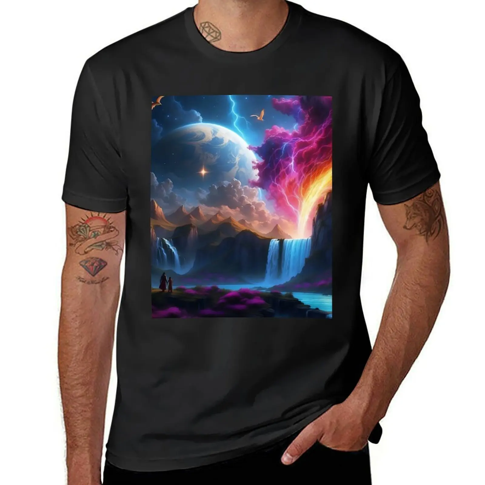 Mystical Waterfall and Celestial Sky: A Fantasy Vista T-Shirt Blouse boys animal print aesthetic clothes Men's t-shirt