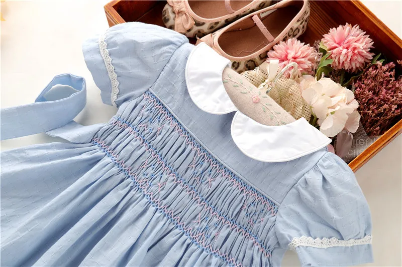 Kids Short Sleeve Smocked Dress For Girls Summer 2023 Embroidery Cotton Blue Dresses Outfit Party Children Clothes For 1-5 Years