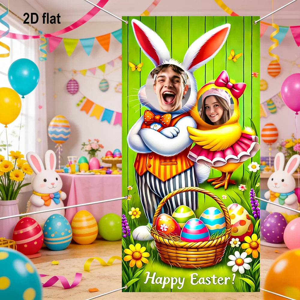 

2D FLAT 1pc Happy Easter Bunny Party Photo Booth Props Banner | 35.4x70.8inch /90x180cm Polyester Frame Photo Background