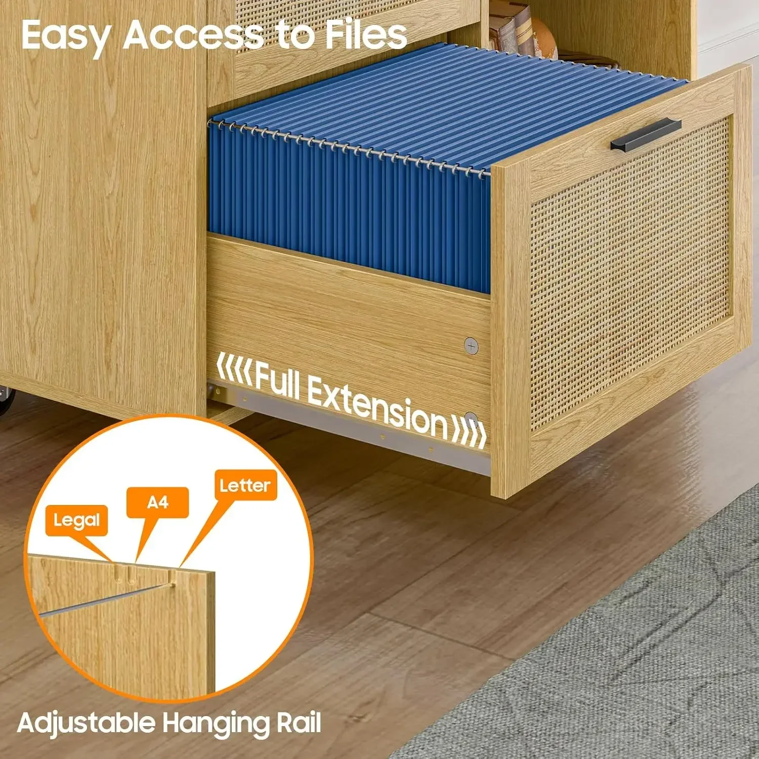 Rattan File Cabinets, 3 Drawer Lateral Filing Organization Storage Cabinets with Lock, Rolling Printer Stand Home Office Organiz