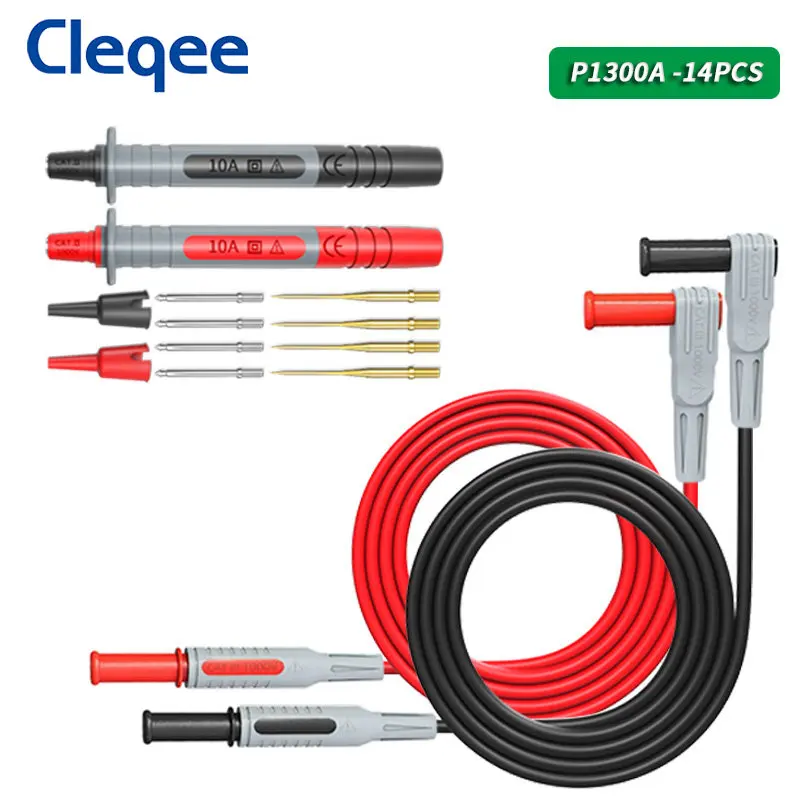 Cleqee P1300A 14PCS 4mm Banana Plug Multimeter Test Leads Kit + Test Probe Pens + 8pcs Replaceable Test Needles Pins Set