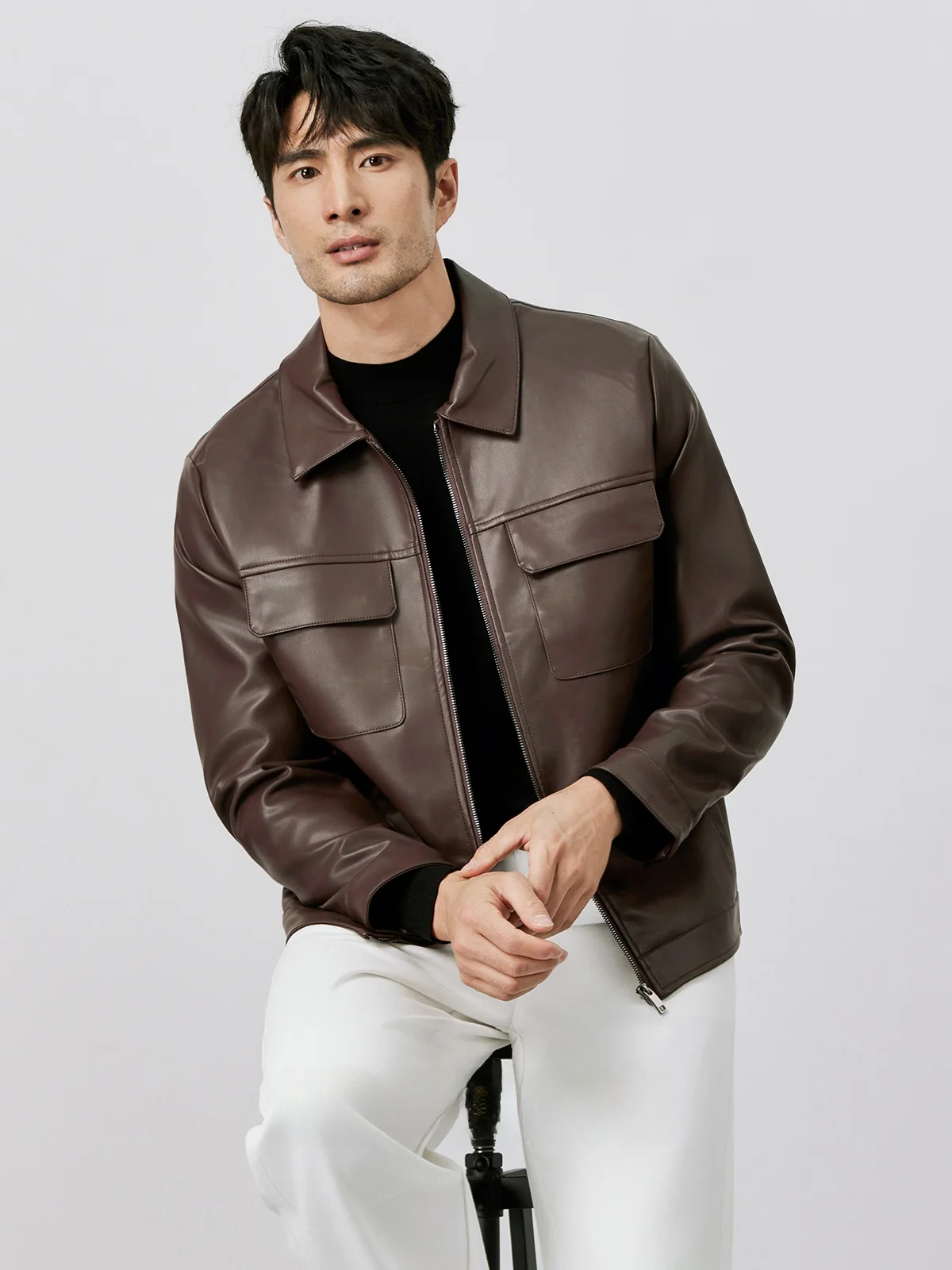 

Slim Fit American Casual Double ket Collar Leather Jaet Men's ort Sle Versatile PU Leather Coat Youth Leisure Windproof