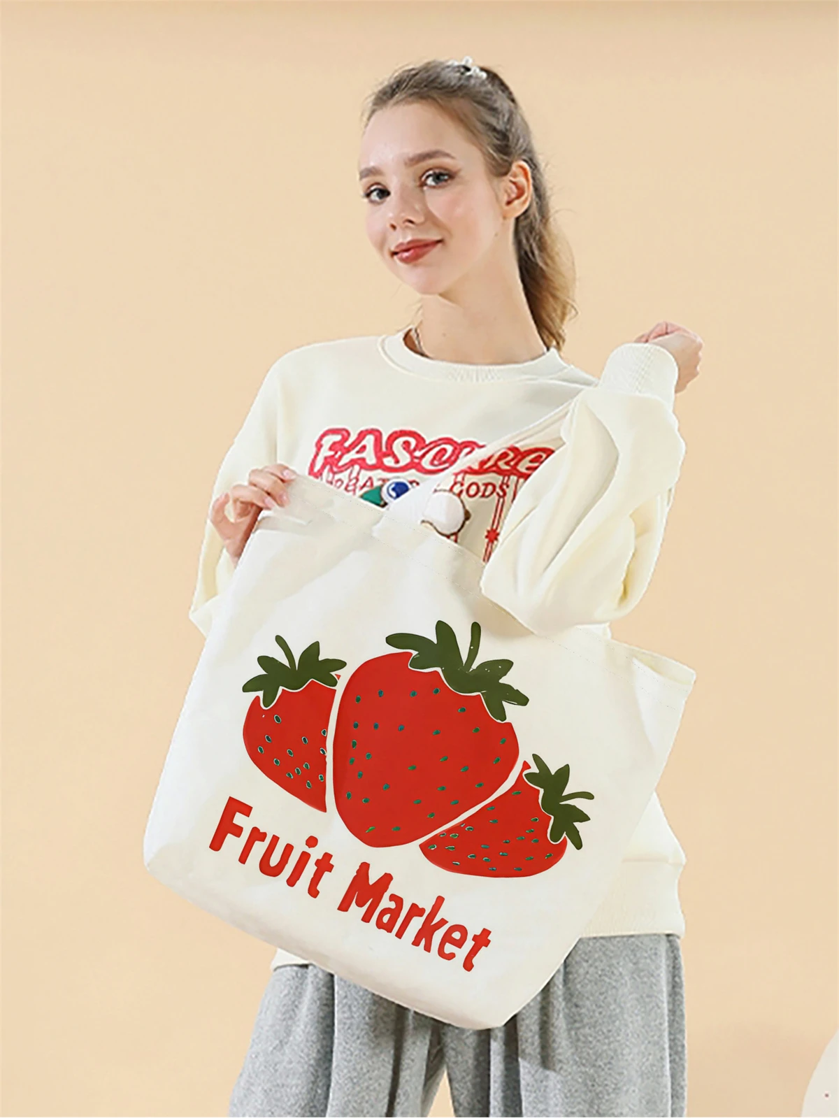 

1шт, мультяшная клубничная сумка, многоразовая модная сумка, многофункциональная сумка, холщовая сумка для покупок с принтом