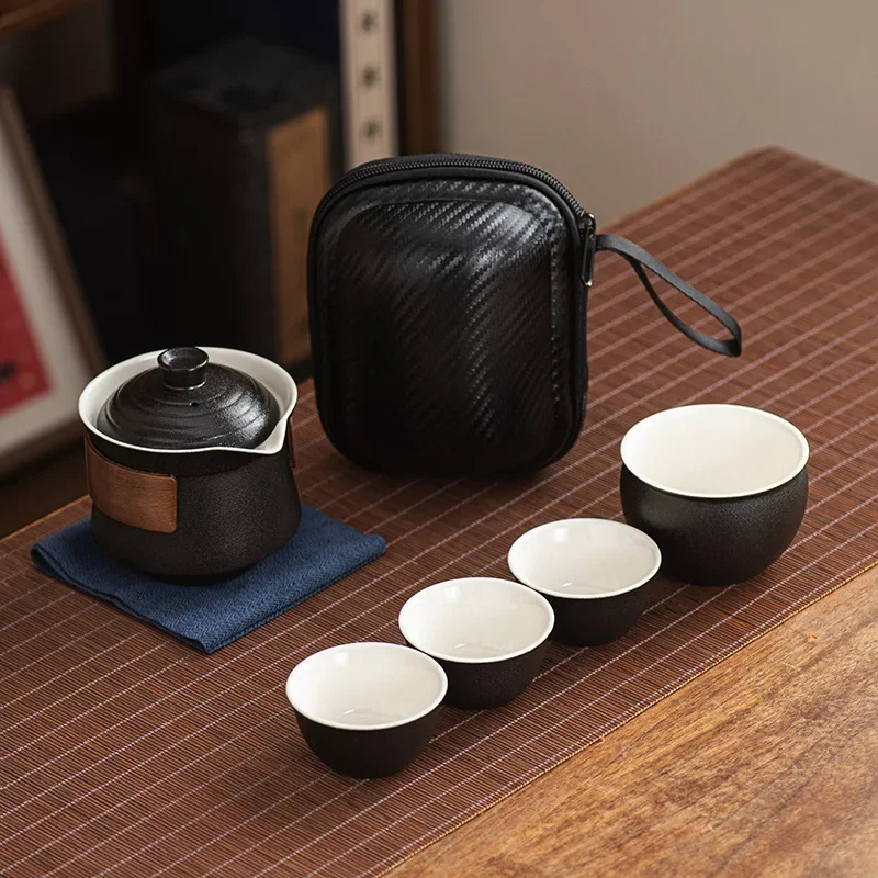 Black Pottery Travel Tea Set Portable Bag Outdoor Hand-held Pot Quick Cup One Pot Four Cups Business Gift Luxury Tea Ceremony