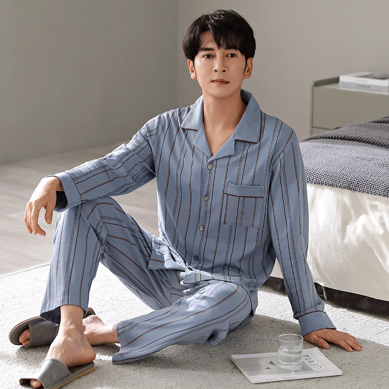 2024 Winter Cotton Pajama Men Blue Stripe Sleepwear Warm Pyjama Homme Home Clothes PJ Set 100% Cotton Pijama Hombre Invierno