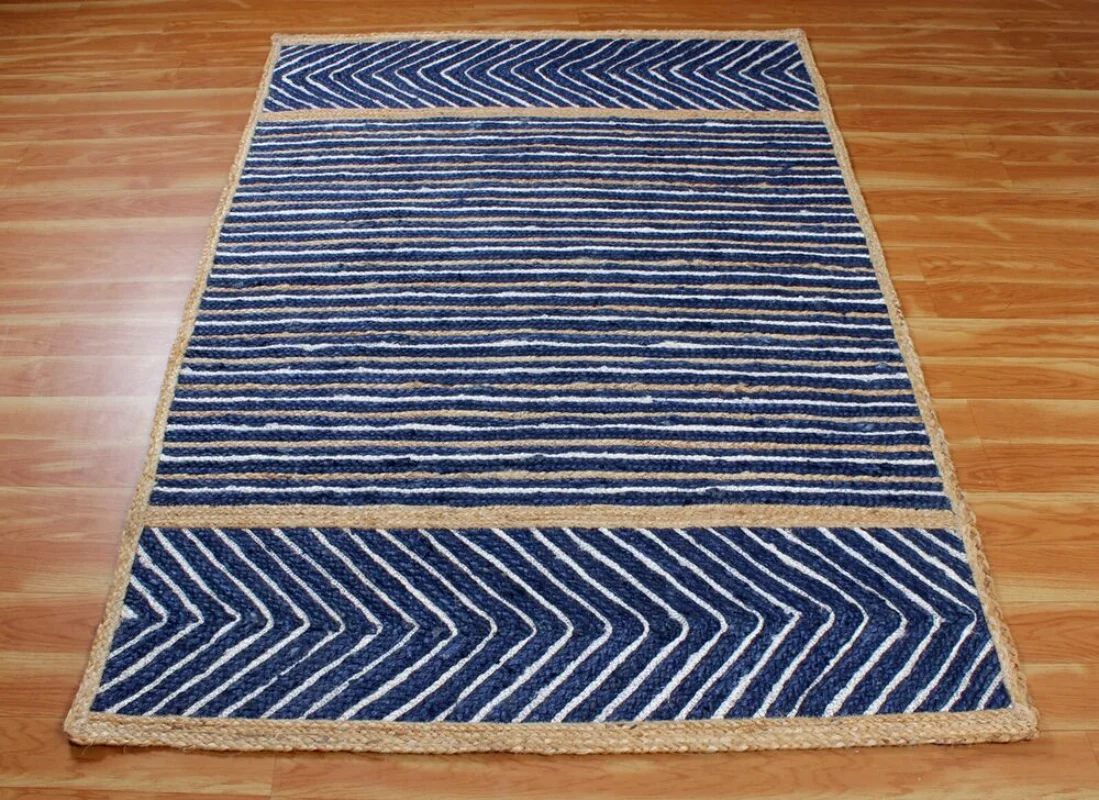 

Jute Rug Handmade Blue Carpet Geometric Living Room Rug Hand Braided Mat