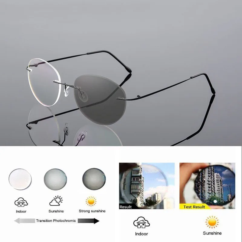 Speicher Titan Legierung Randlose Photochrome Lesebrille Männer Frauen Klar Presbyopie Brillen Outdoor Farbwechsel Gläser – Detail 4