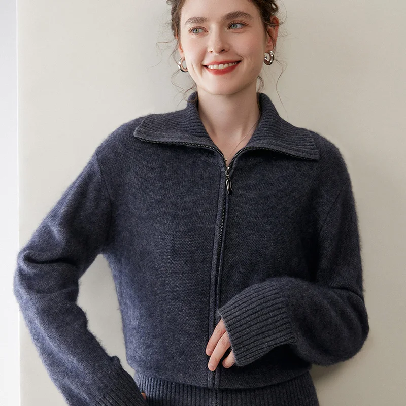 

Luxury Women 100% Cashmere Zipper Cardigan Autumn Winter Turn-down Collar Cashmere Sweater Coat Thick Warm Clothing Tops