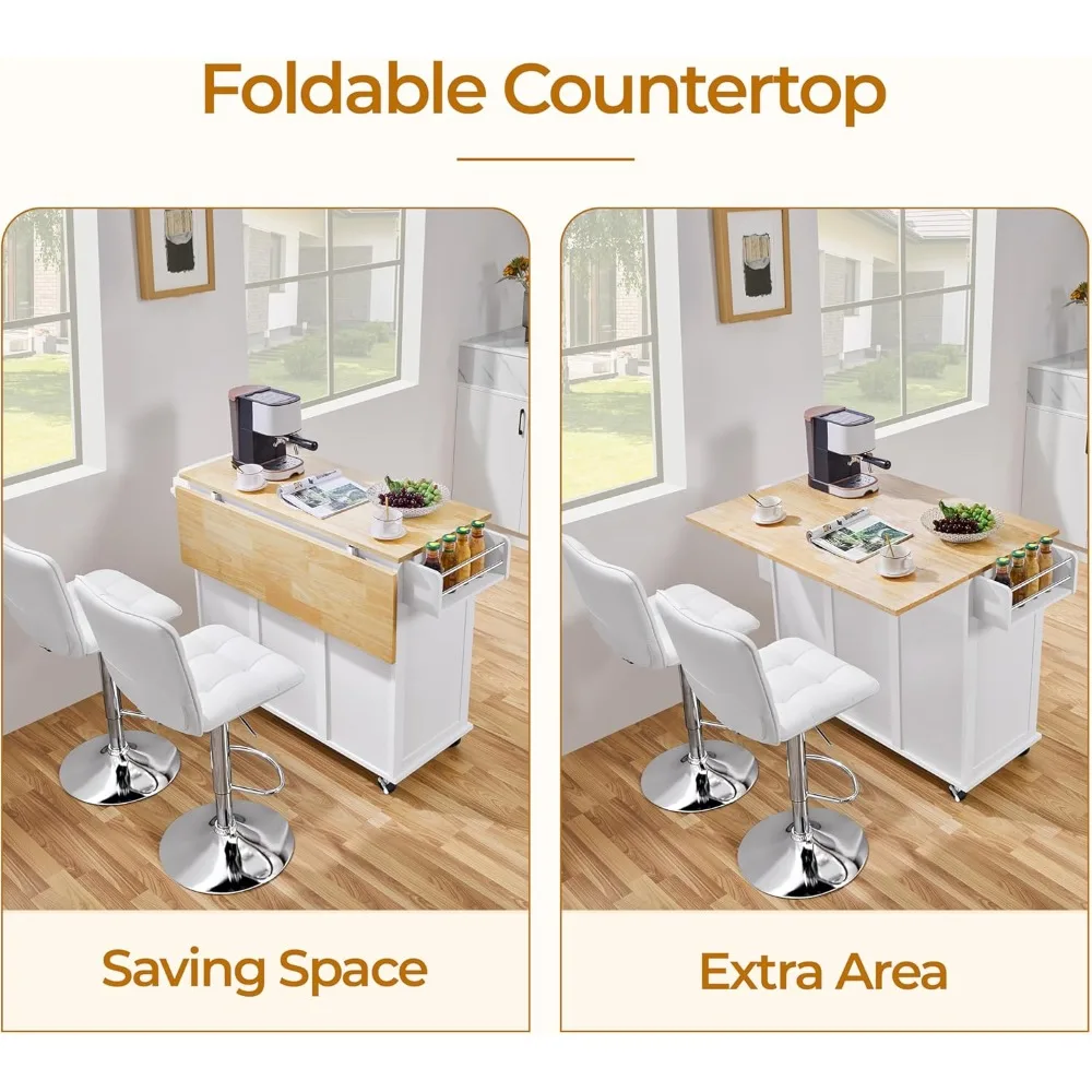 عربة جزيرة المطبخ المتدحرجة مع أوراق متدلية، جزيرة بعرض 49 بوصة على عجلات مع خزانة وأدراج، سطح من الخشب المطاطي، منفصل