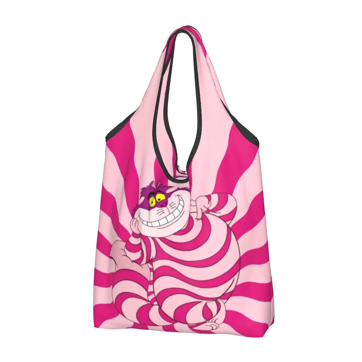 Custom Funny Trippy Striped Cat Shopping Tote Bag Portable Cheshire Cat Cartoon Groceries Shoulder Shopper Bag