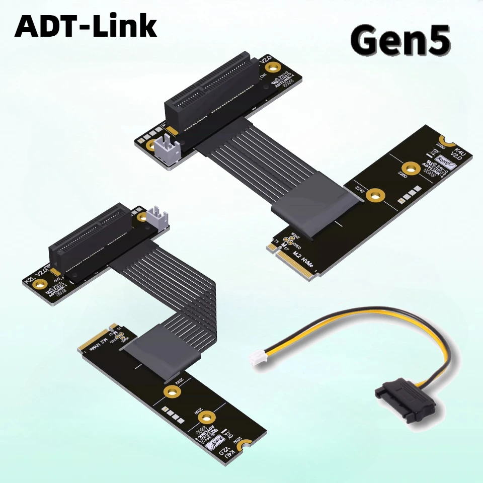 ADT-Link Gen5 128Gbps PCIE 5.0 x4 to M.2 NVMe Extension Cable Turn 90 Bending High Speed for 2242 2280 SSD Signal Riser Extender