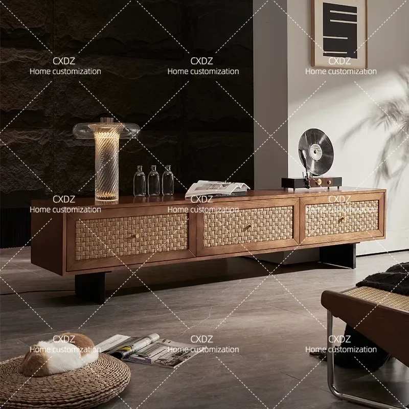 Nordic Modern Solid Wood TV Cabinet Japanese Rattan Ash Wood Living Room Floor Storage Locker Cabinet