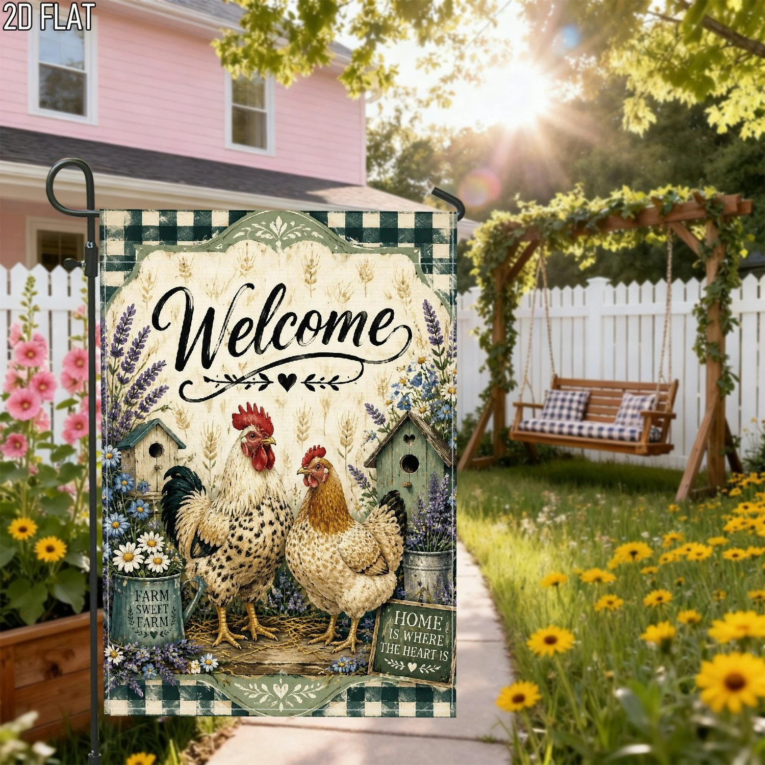 1pcs Rustic Farmhouse Welcome Garden Flag with Rooster Chicken Lavender Design Double Sided Yard Decor