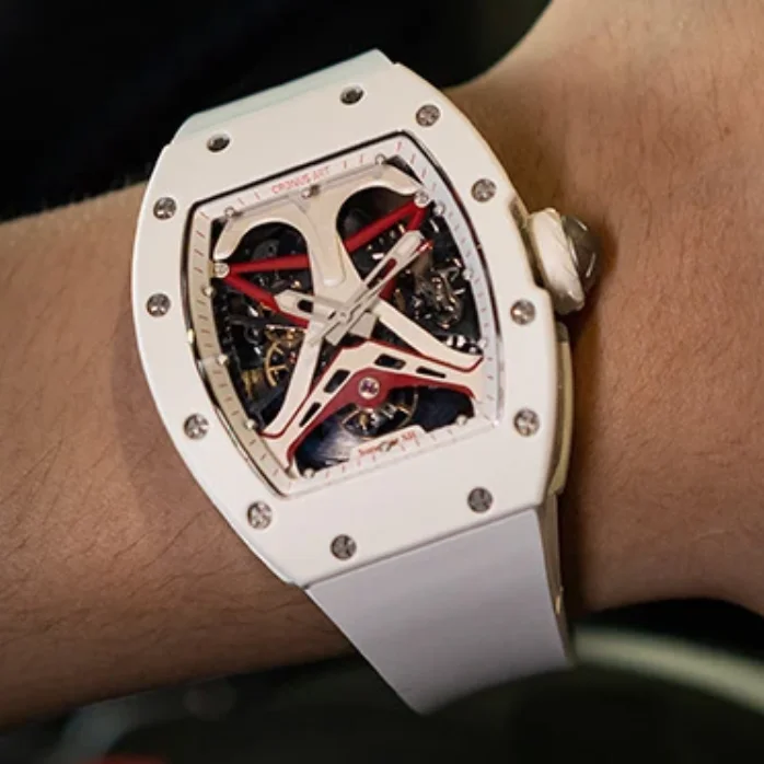 

CRONUSART мужские автоматические часы 42 мм Tonneau механические наручные часы из углеродистой стали светящийся ремешок из фторкаучука скелетон гоночный циферблат