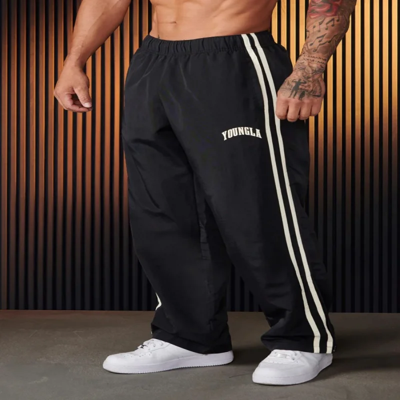 2024YA Men's Sports Pants Double Strip Splicing Printed Casual Pants Gym Fitness Mid Waist Straight Leg Pants