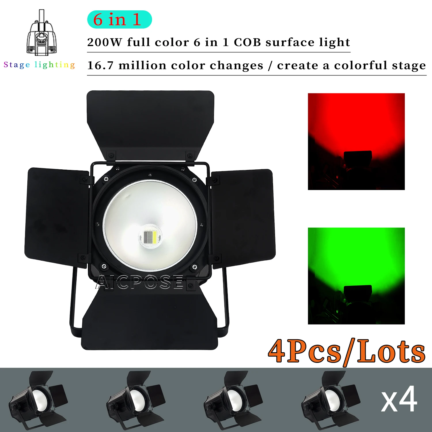 4pcs 200W RGBW 4in1/RGBWA UV 6in1 COB with barn door stage light DJ disco equipment lighting