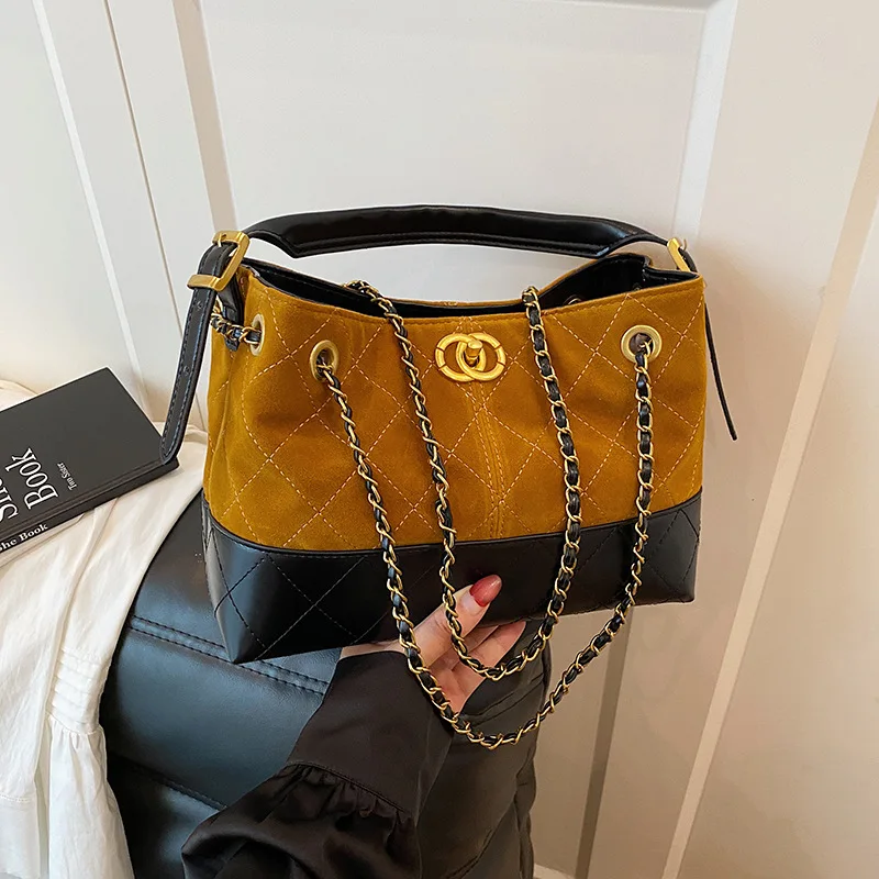 ヴィンテージカラーブロックトートバッグ、女性用、大容量レザーショルダーバッグ、クラシックなチェーンストラップ、仕事やショッピングに使える多用途な財布