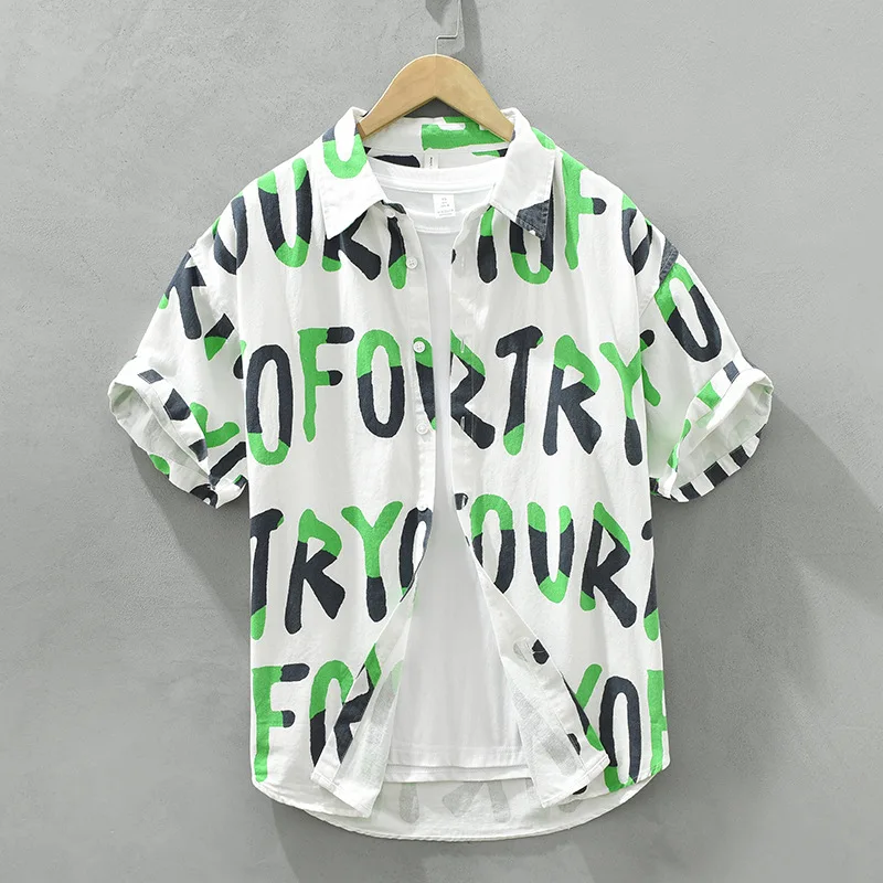 

Мужская свободная рубашка с коротким рукавом, летняя, с мелким принтом, повседневная, из хлопка, молодежная, модная, в американском стиле, с плоским воротником