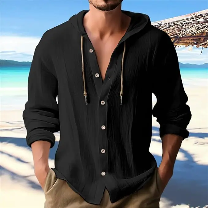 2024 Summer Men\'s Solid Color Casual Long sleeved Shirt Hooded Drawstring Cotton Linen Cardigan Trendy Loose Beach T-shirt