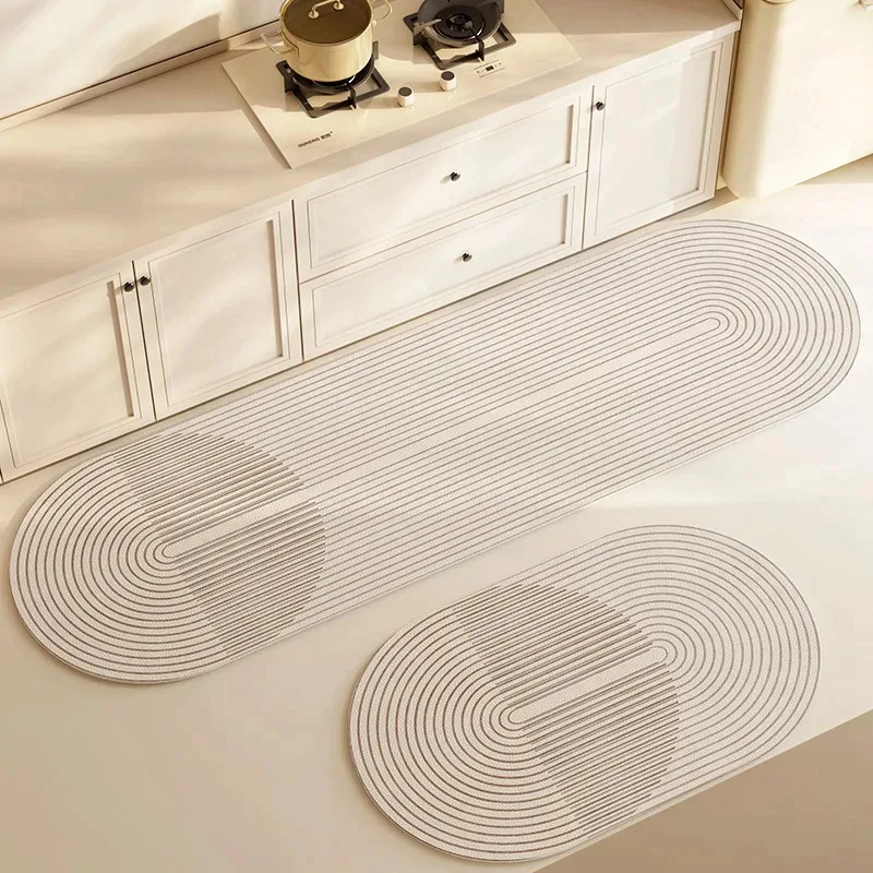 

VIKAMA Nordic-Style Concentric Circle Kitchen Mat Off-White & Taupe Wavy Pattern Oil-Resistant Mat Modern Minimalist Home Decor