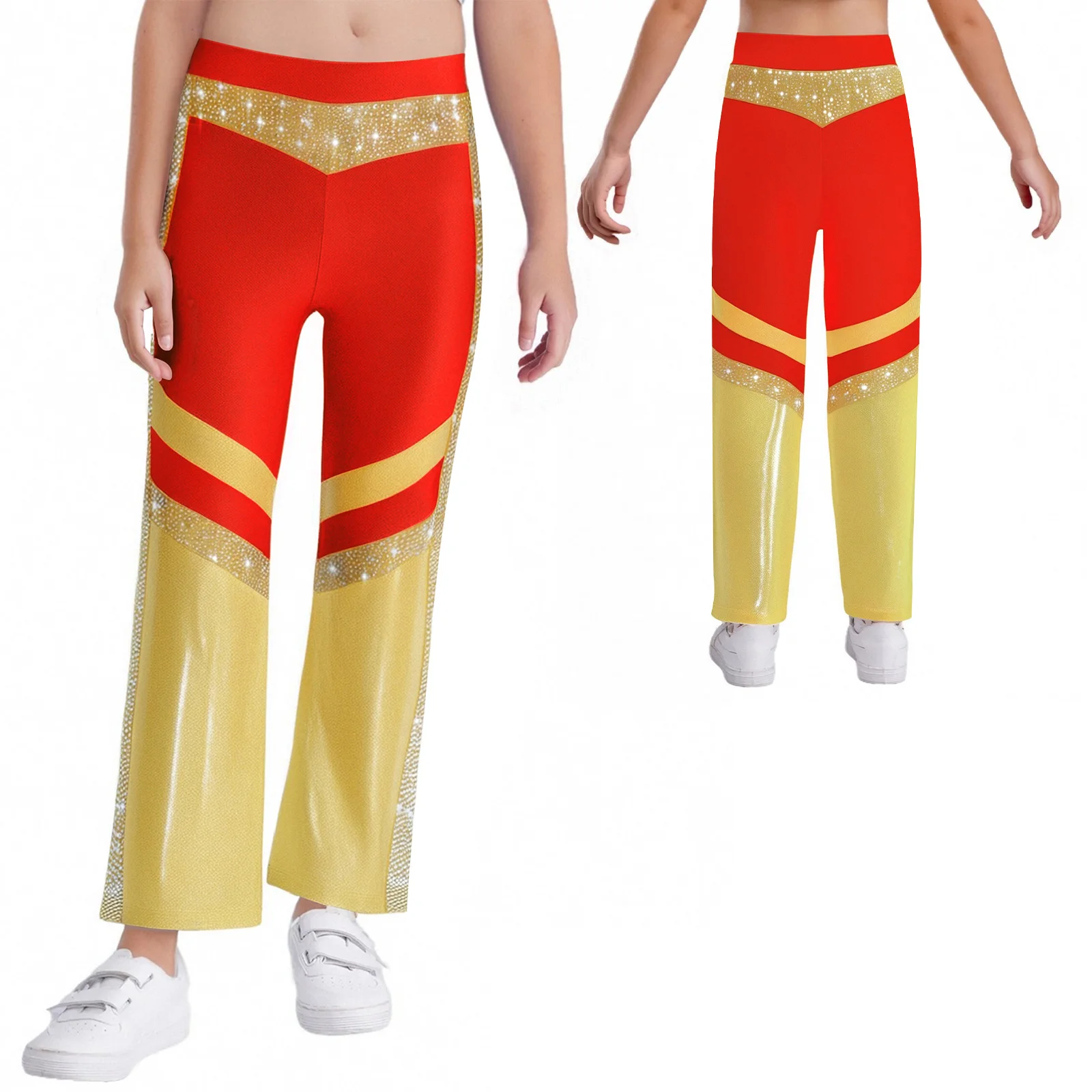 

Kids Shiny Performance Dancewear Girls Gymnastics Acrobatics Dance Costume Rhinestone Elastic Waistband Bell-Bottomed Trousers