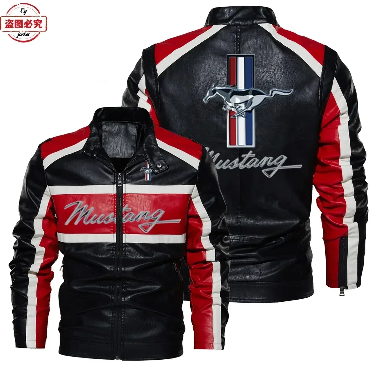 EU size Super Run Mustang Logo Washed PU Leather Jacket Windproof Spring and Autumn Contrastive Color Men's Jacket Team Match