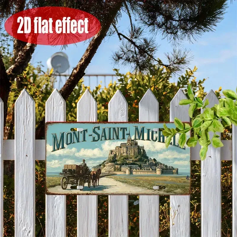 طباعة مسطحة ثنائية الأبعاد، قطعة واحدة، لافتة قصدير معدنية قديمة، لوحة فنية جدارية خارجية، علامة MONT - SAINT - MICHEL، ديكور قديم، مسار