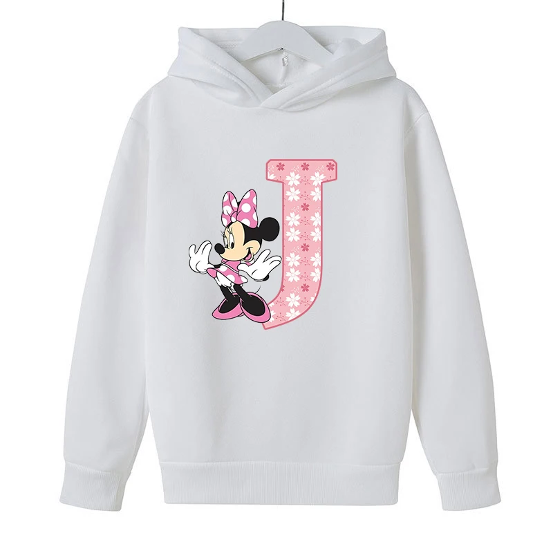 Disney Minnie Mouse Children's Hooded Sweatshirt Girls 26 Letter Print Pullover Anime Cartoon Winter Casual Warm Tops Cute Gifts