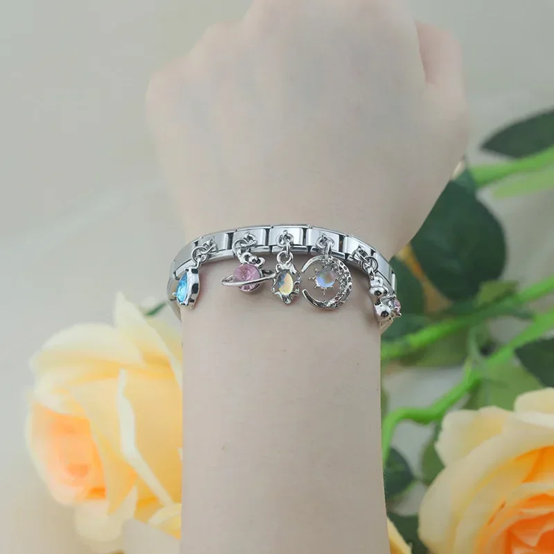 Hapiship 2023 New Original Daisy Star Moon Starry Sky CZ Italian Charm Fit 9mm Bracelet Stainless Steel Jewelry DIY Making DJ802