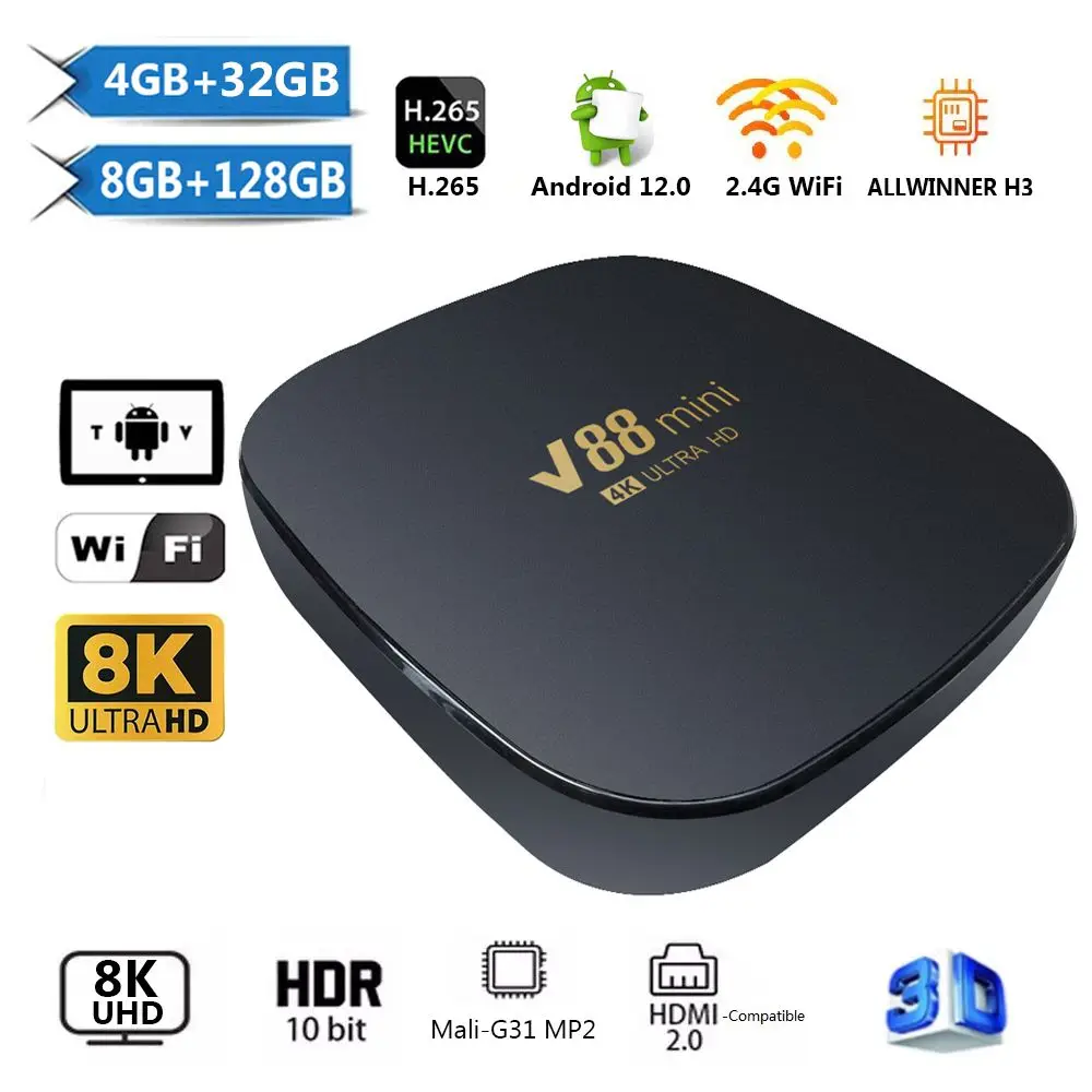 V88 Mini Smart 8K H.265 8GB+128GB Media Player TV Box Android 12 Set Top Box Allwinner H3 Quad Core