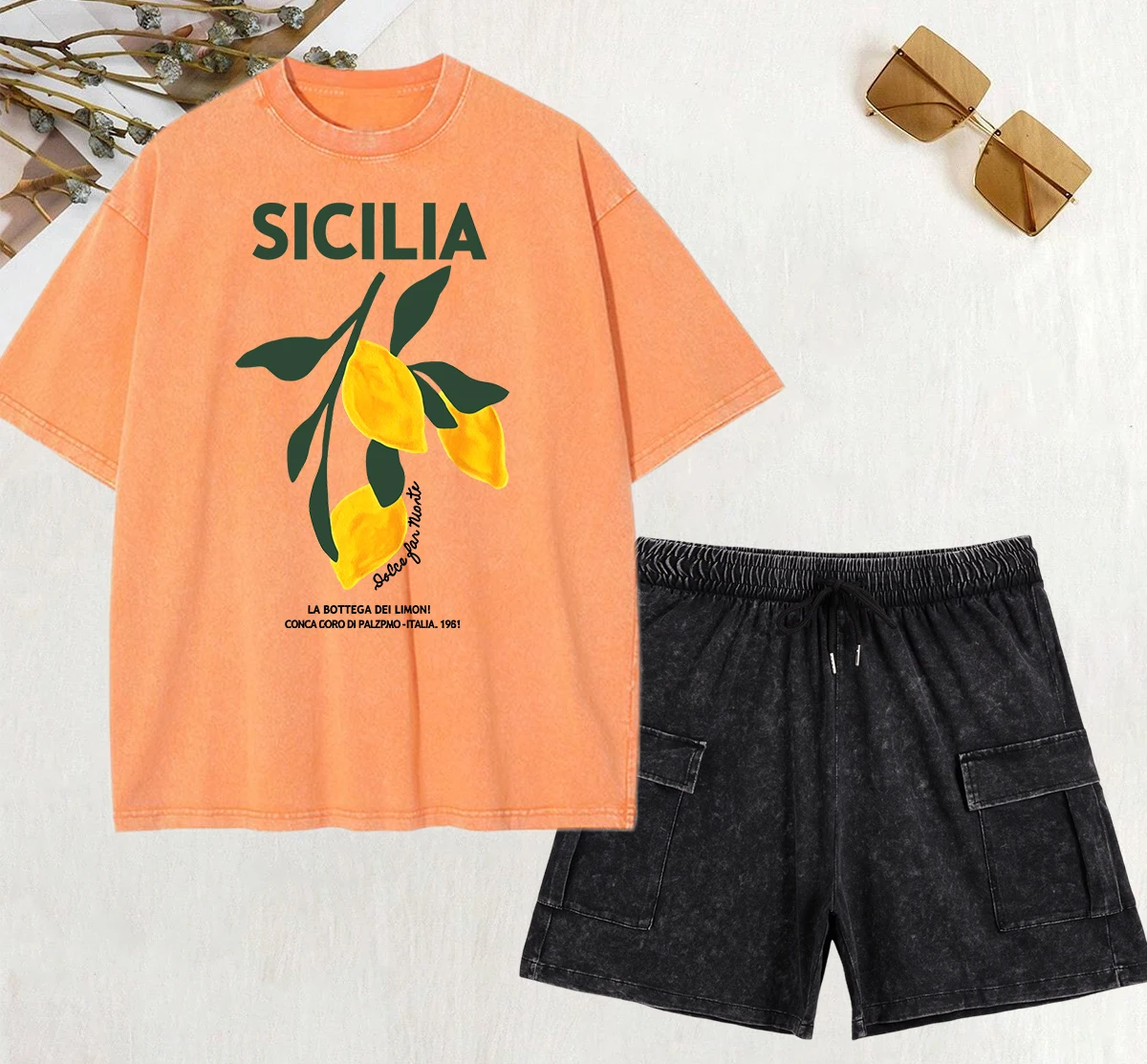 Amalfi Coast Italia Lemon Fruit Prints Washed T Shirt Women Summer Loose Short Sets Cotton Casual Clothes Retro Short Pants