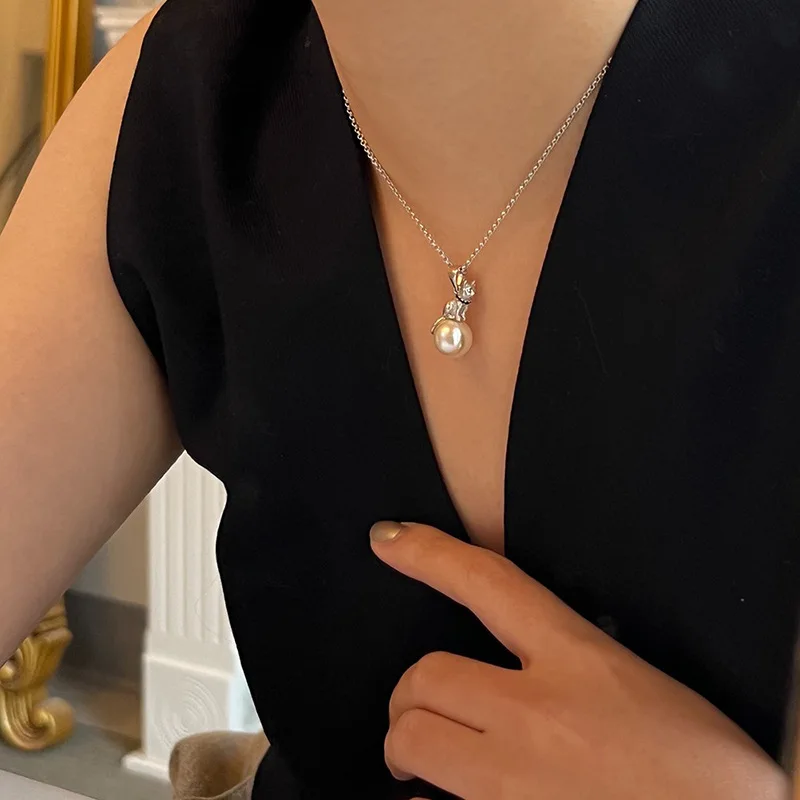 925 Sterling Silver Cat Pearl Necklace For Women Animal Retro Court Design Jewelry Birthday Gifts