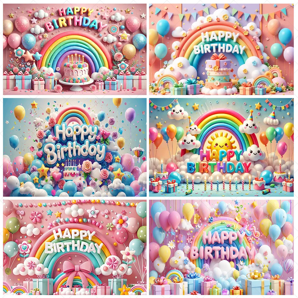 

﻿Colorful 3D Balloons Rainbow Backdrop Supplies Birthday Party Decorations Happy Birthday Background Banner Photography Props