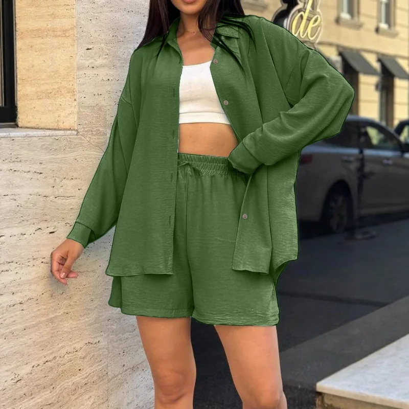 Dames Amerikaanse stijl los dames effen kleur shirt met lange mouwen effen kleur shorts tweedelig pak