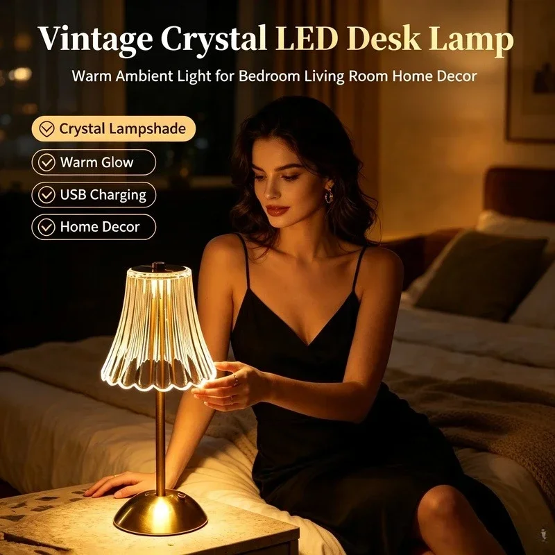 Vintage Crystal LED Nightstand Lamp, USB Charging Warm Ambient, Night for Bedroom Living Room Home Study Office Hotel Decor
