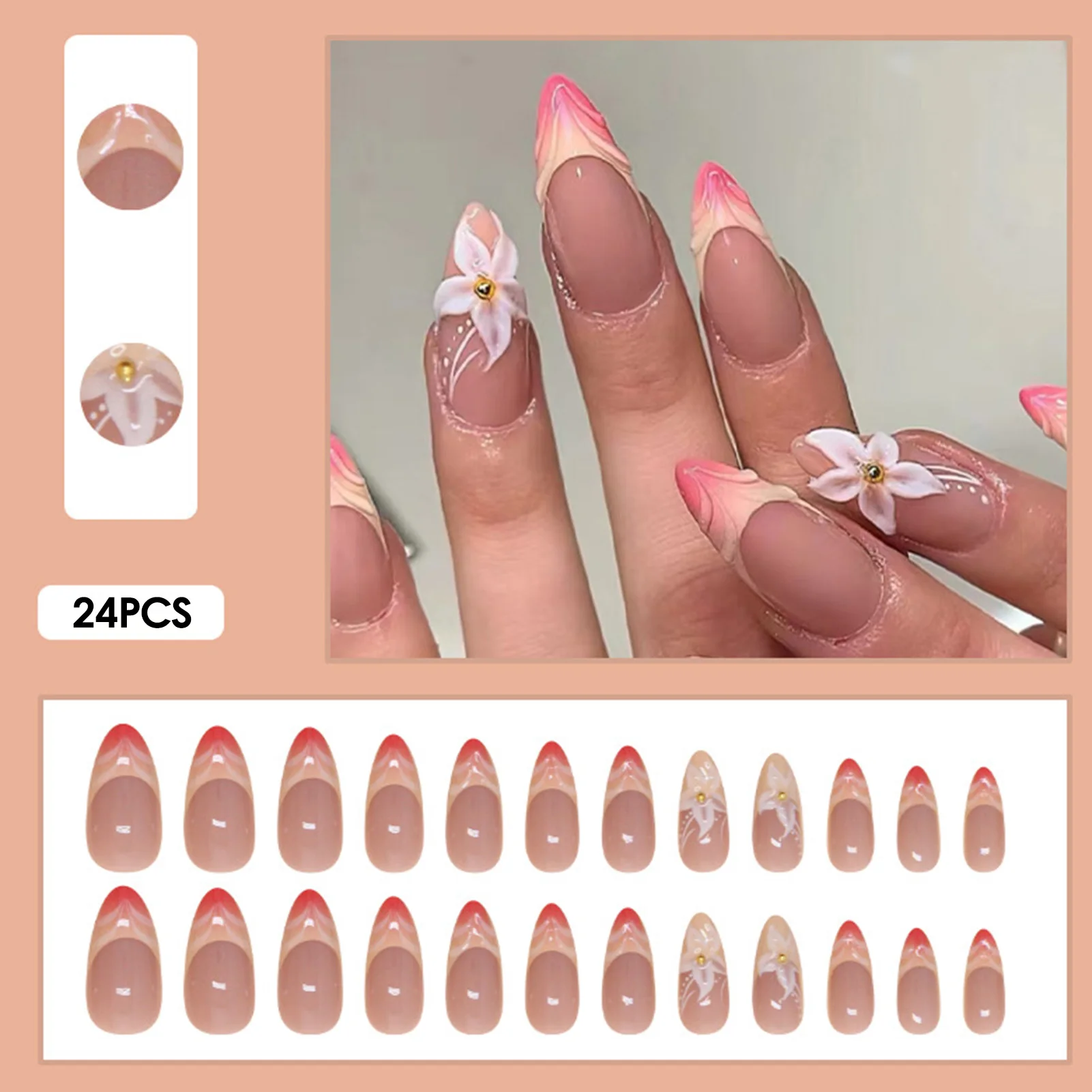 French Nude False Nails with Flower Print Chip-Proof Smudge-Proof Fake Nails for Women Nail Art Decoration