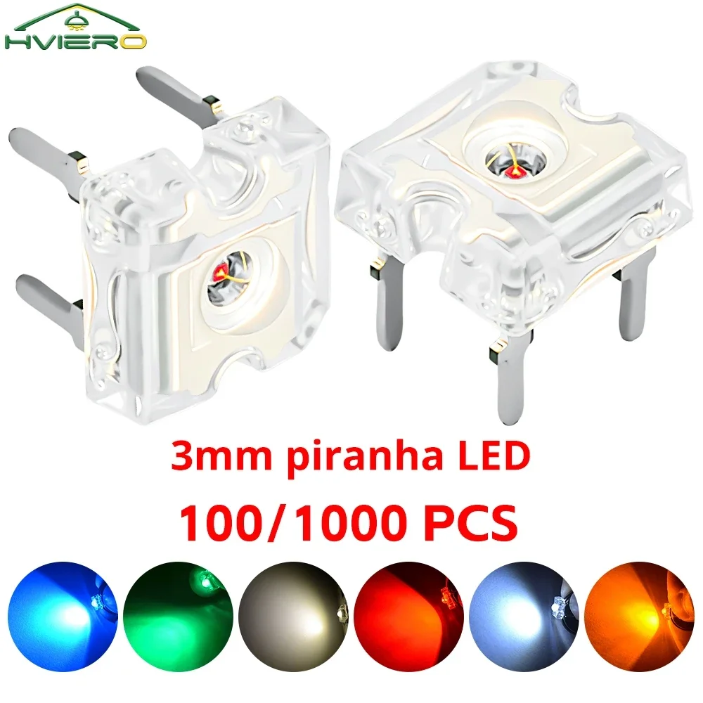 

3mm Red Green Blue Yellow 100/1000Pcs Piranha Flux Diode LED Dome Lighting Beads Wide Angle Super Bright Leds 4-Pin Diodes Bulb