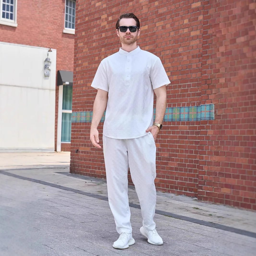 Summer Jacquard Men's Stand-up Collar Solid Color Casual T-shirt Short-sleeved POLO Shirt Trousers Cover